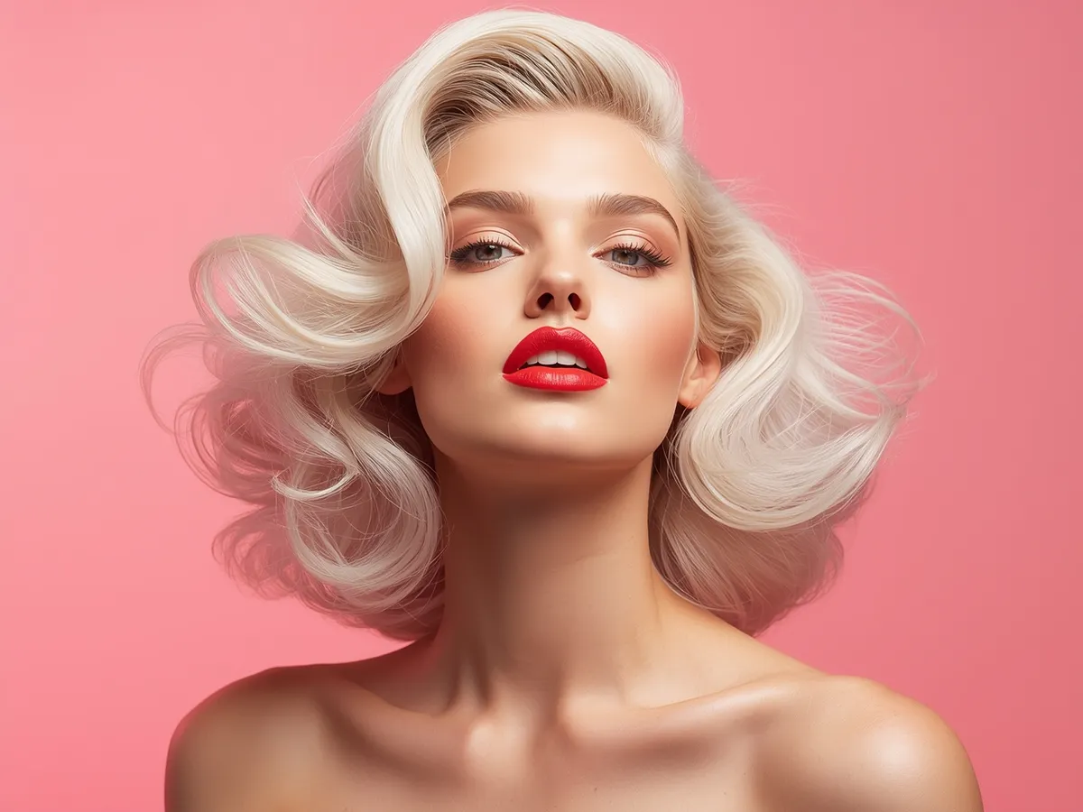 A model with platinum blonde waves on a pink studio backdrop